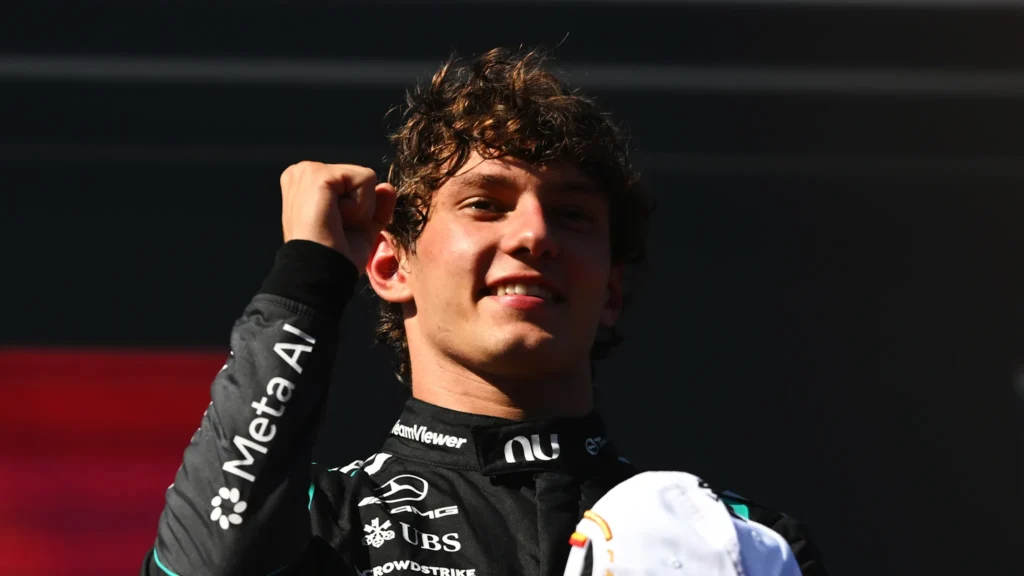 Kimi Antonelli raises his fist after winning the Spanish Grand Prix in Madrid in September 2026