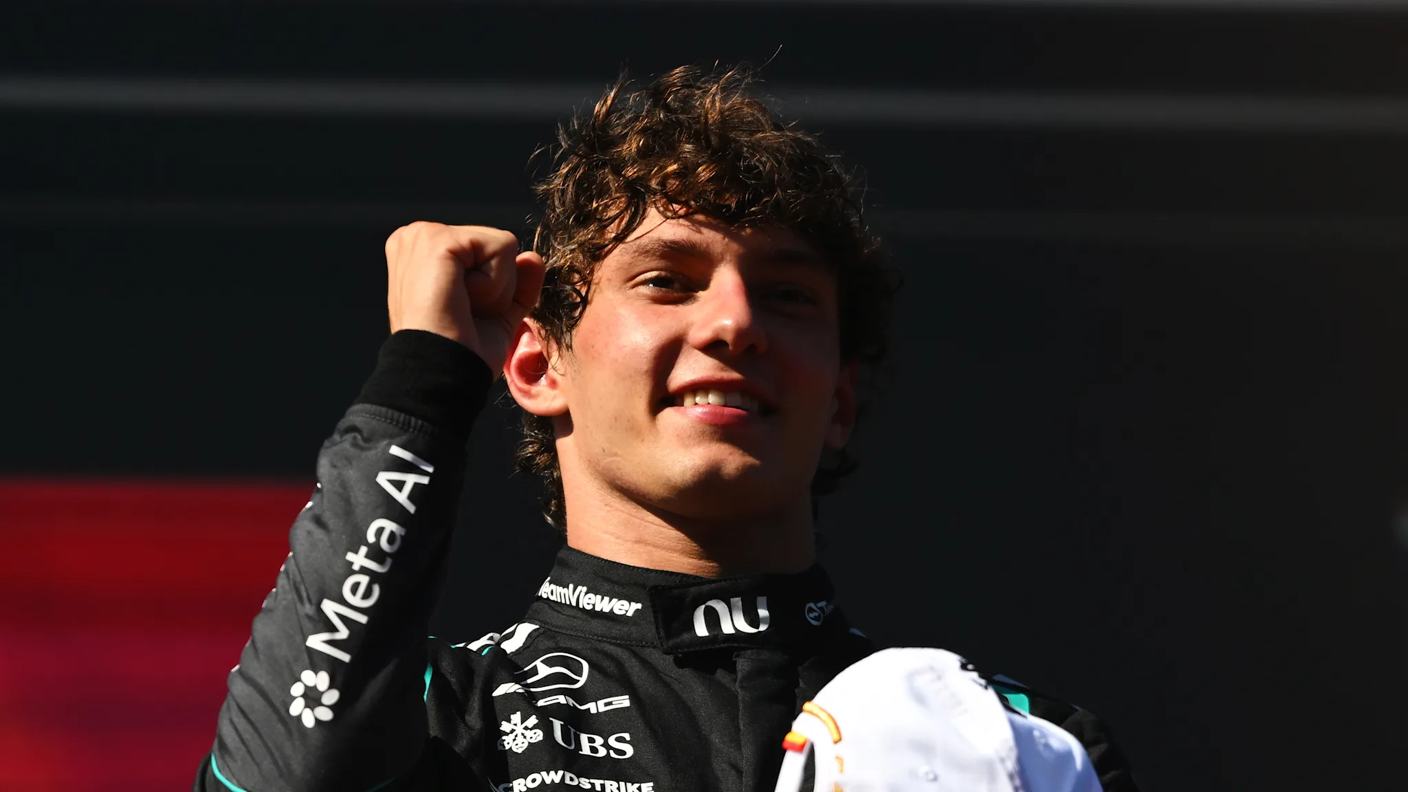 Kimi Antonelli raises his fist after winning the Spanish Grand Prix in Madrid in September 2026