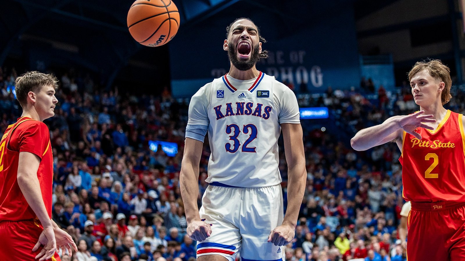 Kansas center Christian Reeves reacts during the exhibition against Pittsburg State at Allen Fieldhouse.