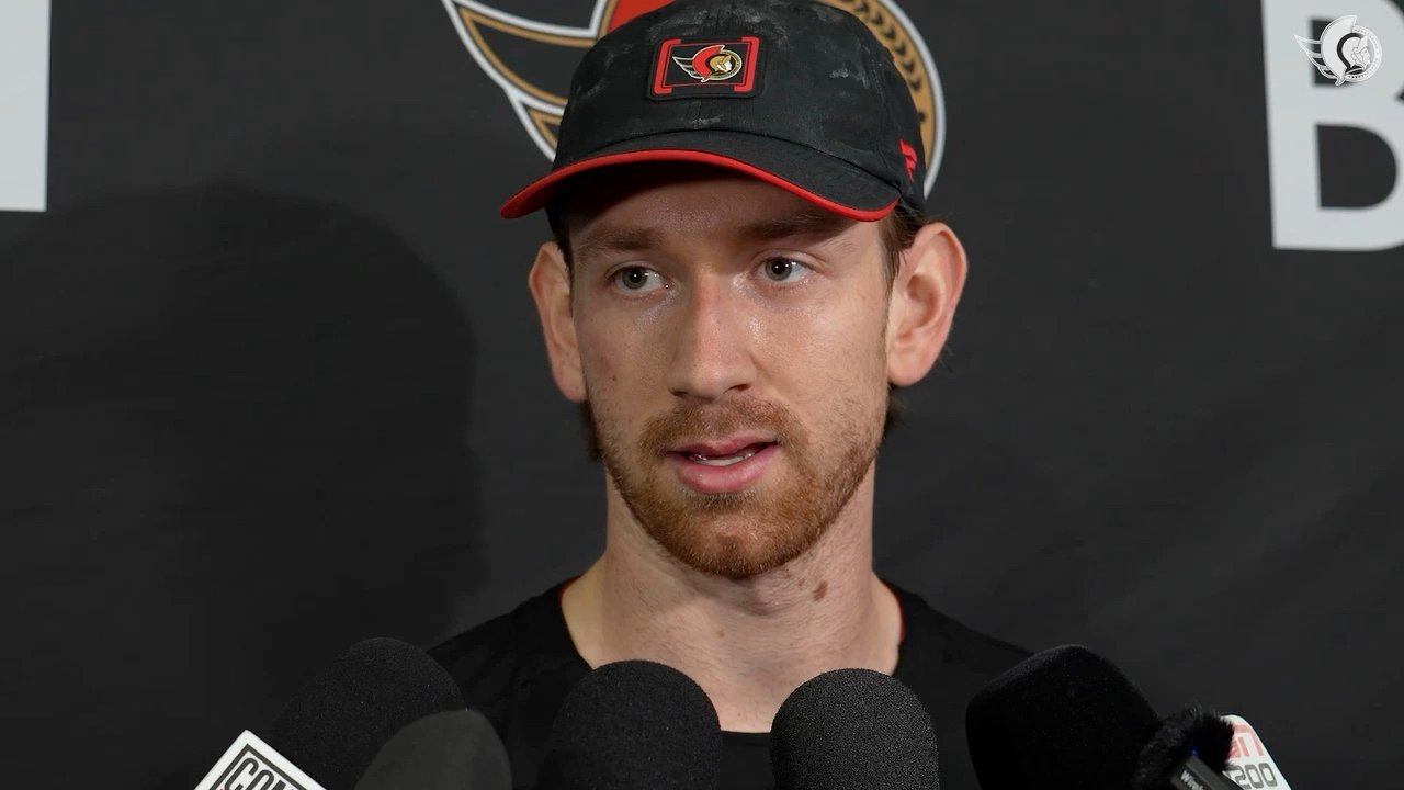 Jake Sanderson speaks with reporters during Ottawa’s pregame availability.