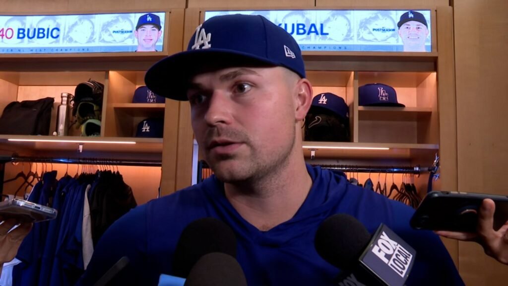 Tarik Skubal speaks with reporters in the Dodgers’ clubhouse after their NLCS elimination.