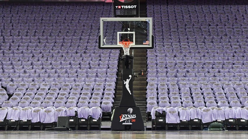 Purple seat covers and a Finals-marked basket before Game 2 at Chase Center.