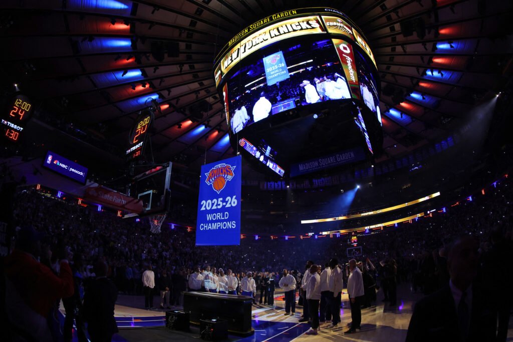 The Knicks raise their NBA championship banner at Madison Square Garden on October 20, 2026.