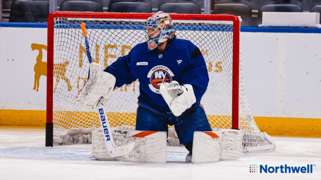 An Islanders goaltender practices at UBS Arena on October 22, 2026.