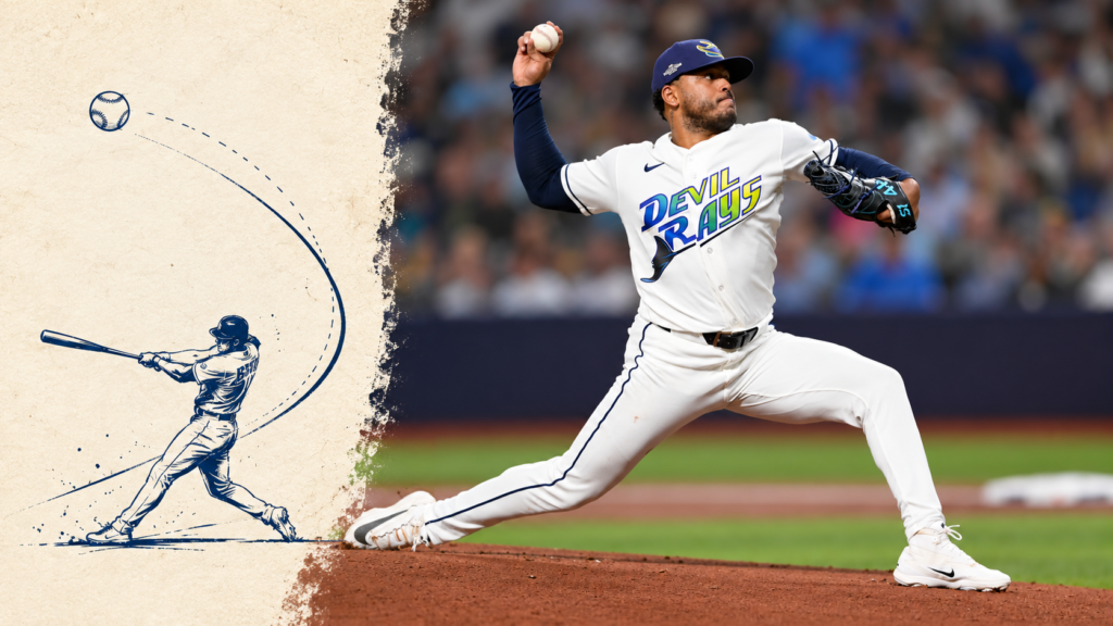 Freddy Peralta delivers a pitch in a white Tampa Bay uniform, beside a warm-paper illustrative baseball analysis panel.