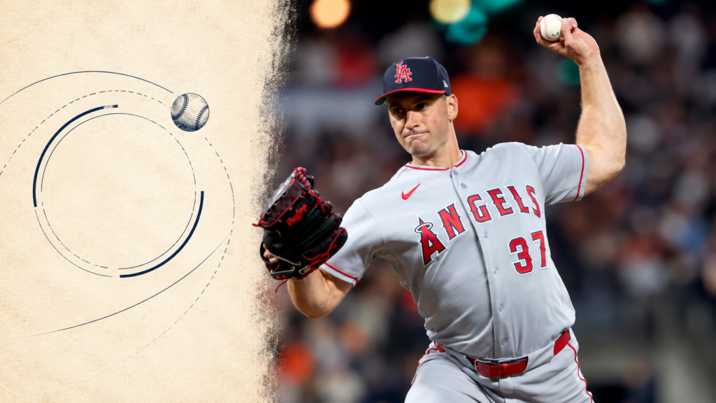 Brent Suter delivers a pitch in a gray Angels uniform, beside a warm-paper illustrative baseball analysis panel.