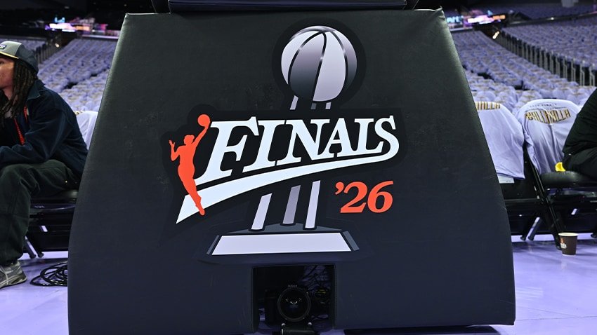 A Finals 26 marking on the basket support at Chase Center with purple seat covers behind it.