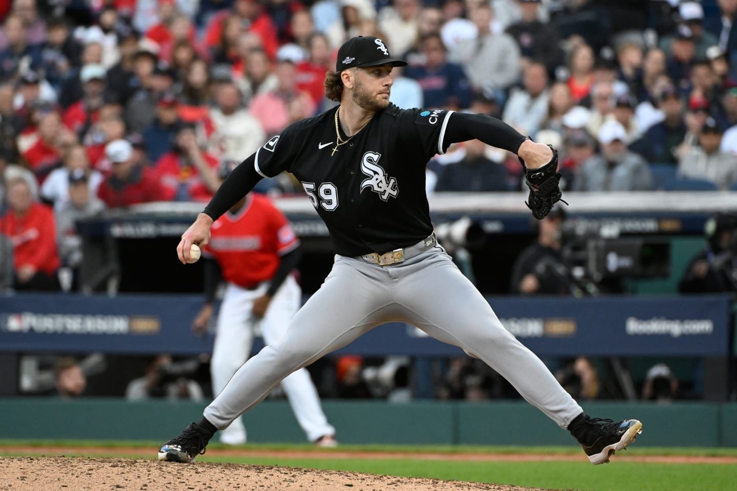 Sean Burke pitches in relief against Cleveland in ALDS Game 2 at Progressive Field on October 5, 2026.
