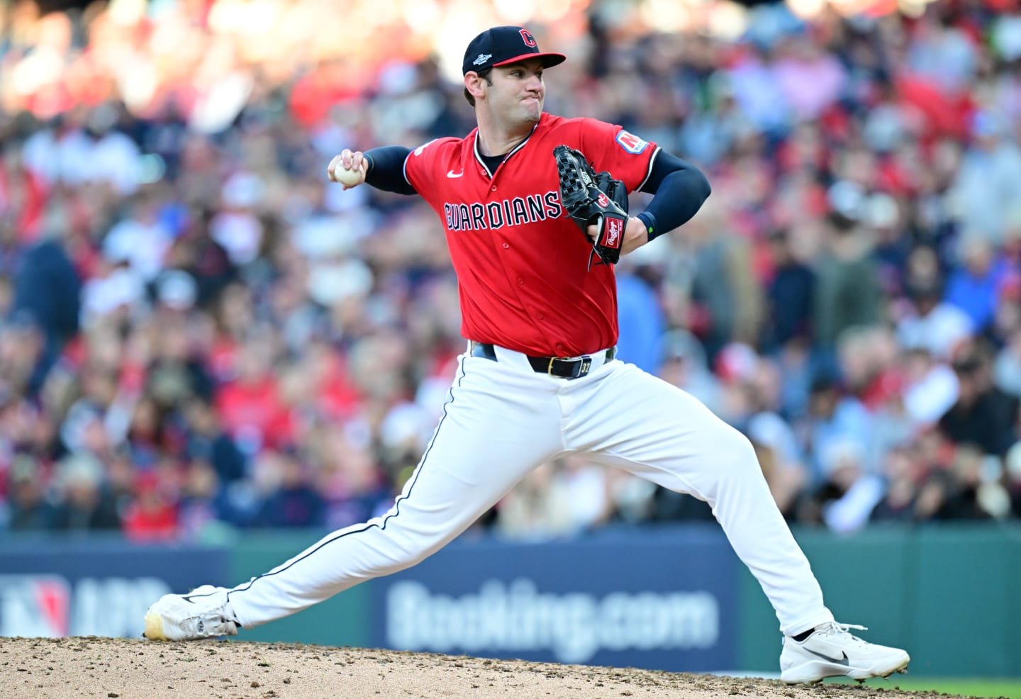 Gavin Williams pitches against Chicago in ALDS Game 2 at Progressive Field on October 5, 2026.