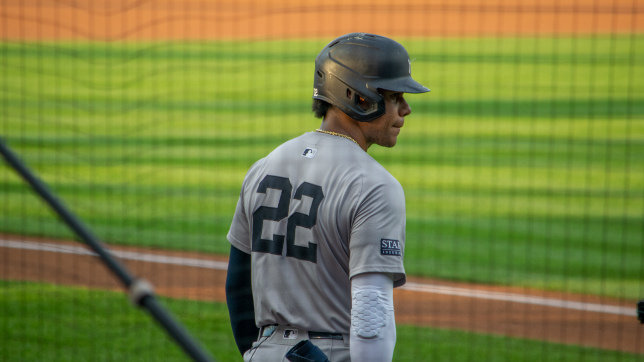 Juan Soto in a Yankees road uniform and batting helmet in August 2024.