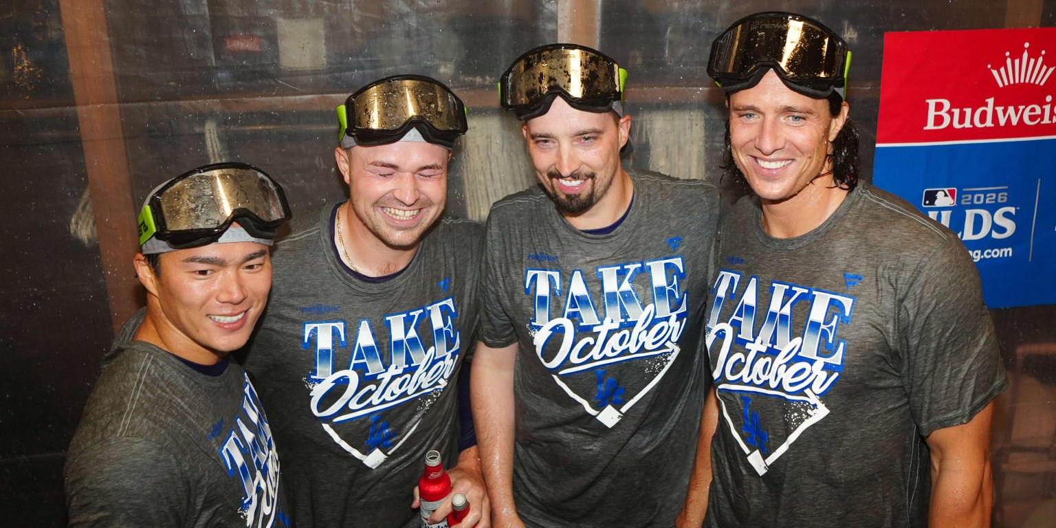 Yoshinobu Yamamoto, Tarik Skubal, Blake Snell and Tyler Glasnow pose together after the Dodgers’ Division Series win.
