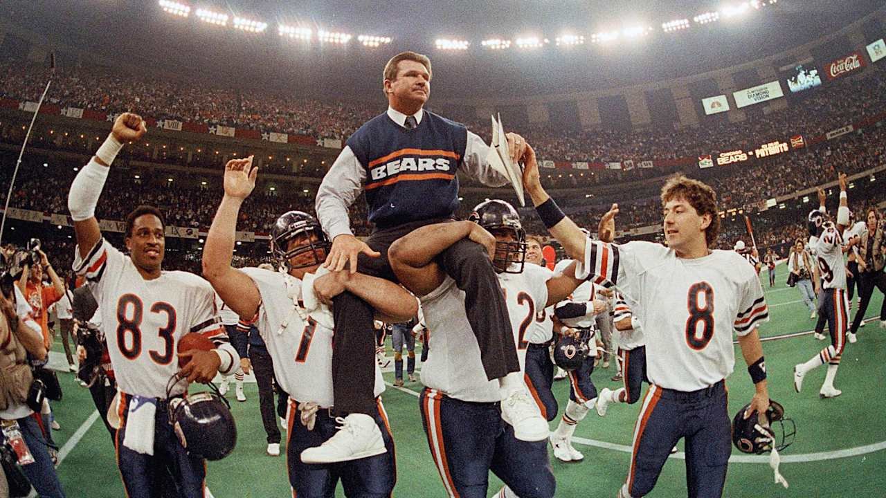 Mike Ditka being carried on Chicago Bears players’ shoulders.