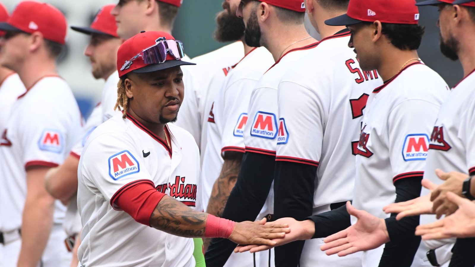 José Ramírez greets Cleveland teammates during lineup introductions at Progressive Field before ALDS Game 1 on October 3, 2026.