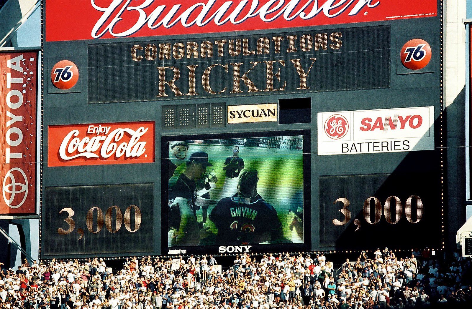 Qualcomm Stadium scoreboard congratulating Rickey Henderson on 3,000 hits
