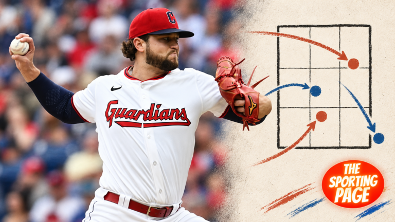 Slade Cecconi beside an illustrated strike zone and pitch paths in The Sporting Page Pitching Data cover style.