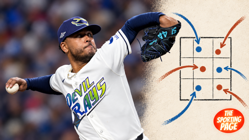 Freddy Peralta beside an illustrated strike zone and pitch paths in The Sporting Page Pitching Data cover style.