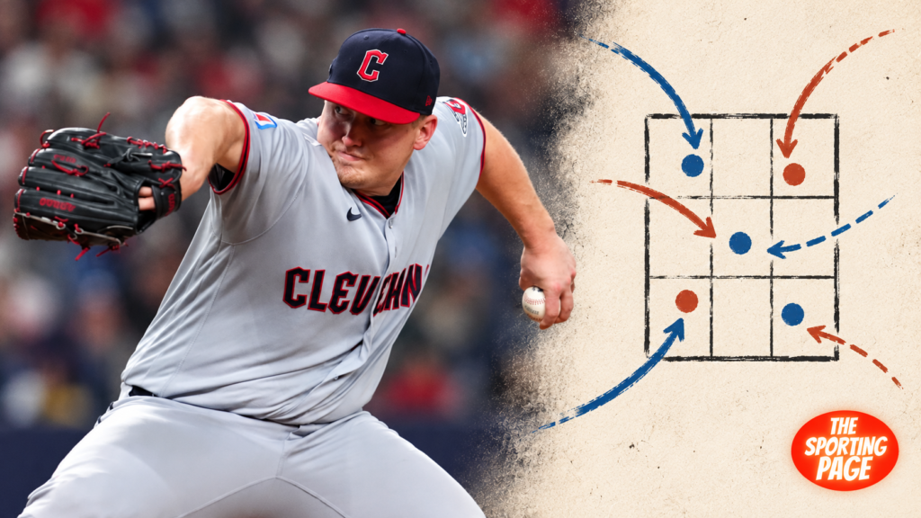 Parker Messick beside an illustrated strike zone and pitch paths in The Sporting Page Pitching Data cover style.