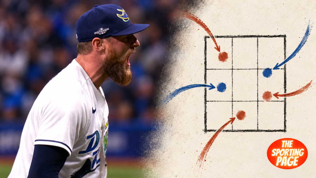 Bryan Baker beside an illustrated strike zone and pitch paths in The Sporting Page Pitching Data cover style.
