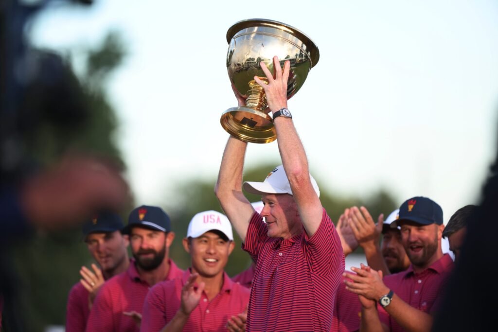 United States golfers celebrate at the Presidents Cup at Medinah.