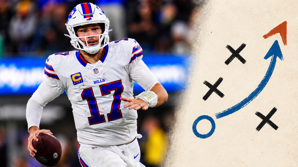 Josh Allen beside an illustrative football diagram with Xs and Os