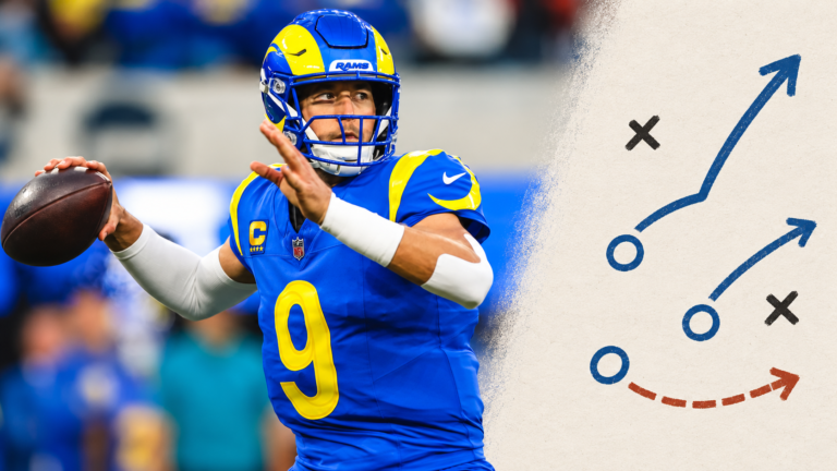 Matthew Stafford beside an illustrative football diagram with Xs and Os
