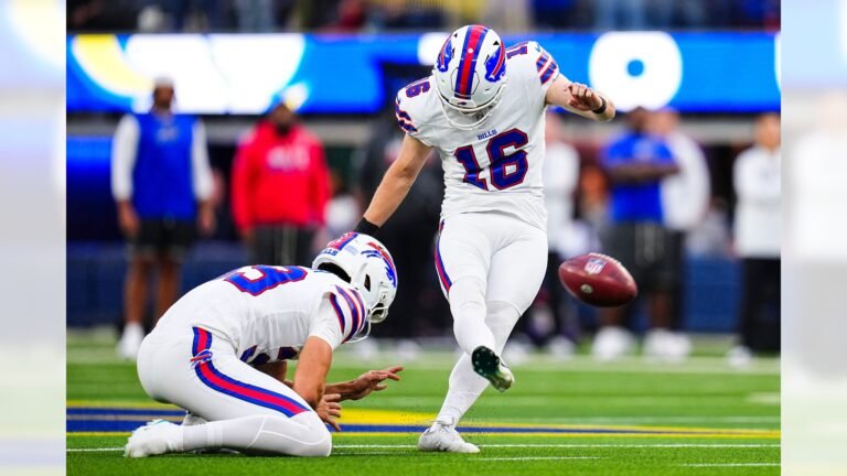 Buffalo kicker Tyler Bass kicks the football with a holder at SoFi Stadium on October 12, 2026.