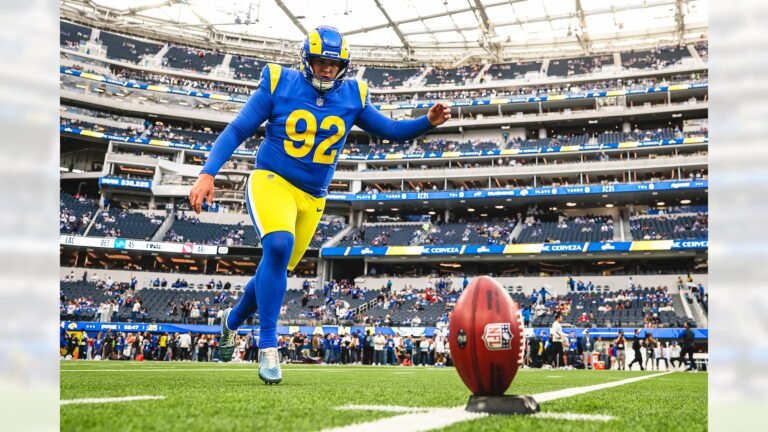 Harrison Mevis kicks a football from a tee during warmups at SoFi Stadium on October 12, 2026.