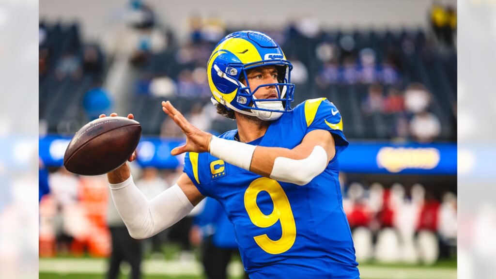 Matthew Stafford prepares to throw a football at SoFi Stadium on October 12, 2026.