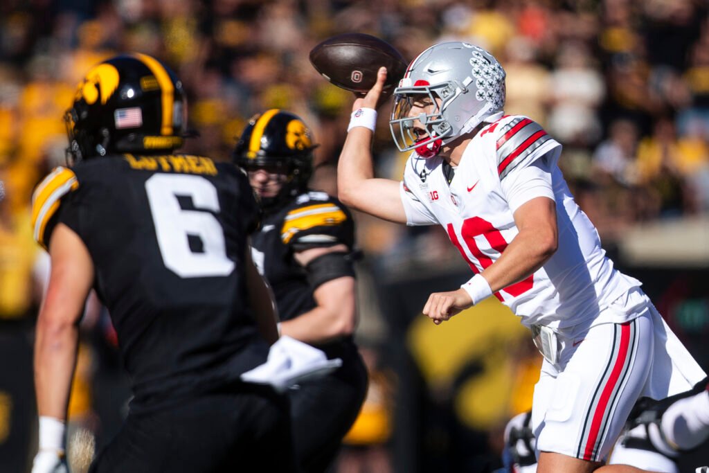 Ohio State quarterback Julian Sayin throws a pass under pressure from Iowa defenders.