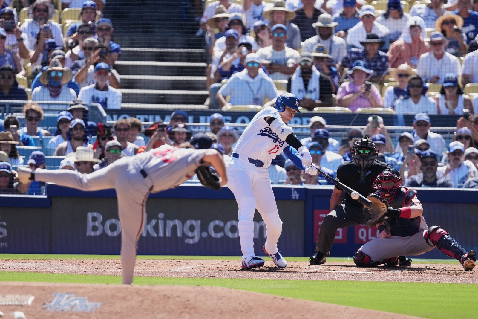 Shohei Ohtani swings at a pitch against the Atlanta Braves.