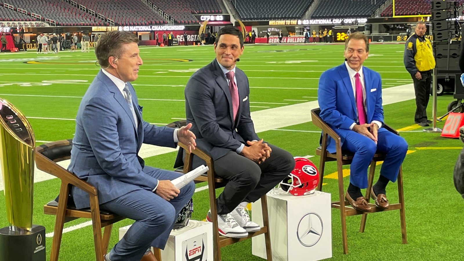 Rece Davis, David Pollack and Nick Saban provide pregame analysis at SoFi Stadium in January 2023.