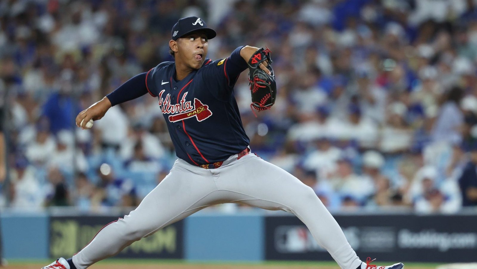 An Atlanta Braves pitcher delivers a pitch in the Division Series.