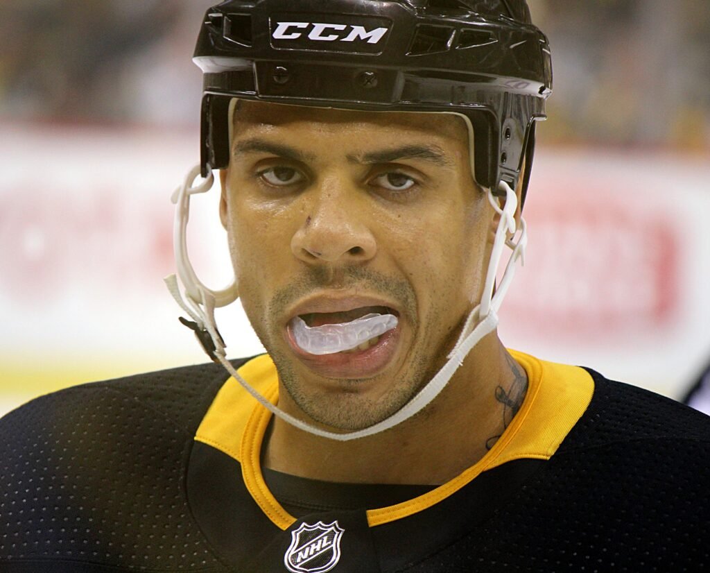 Ryan Reaves in a Pittsburgh Penguins uniform and helmet in 2017.