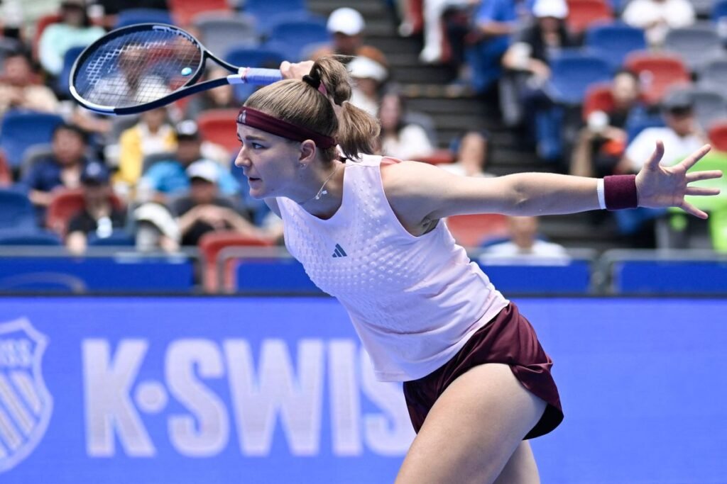 Karolina Muchova hitting a shot at the 2026 Wuhan Open