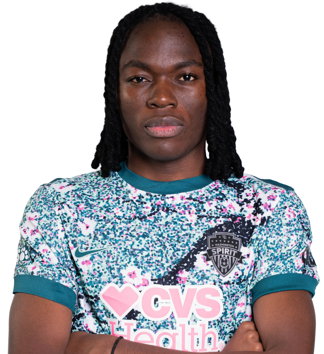Clara Luvanga wearing a Washington Spirit jersey.