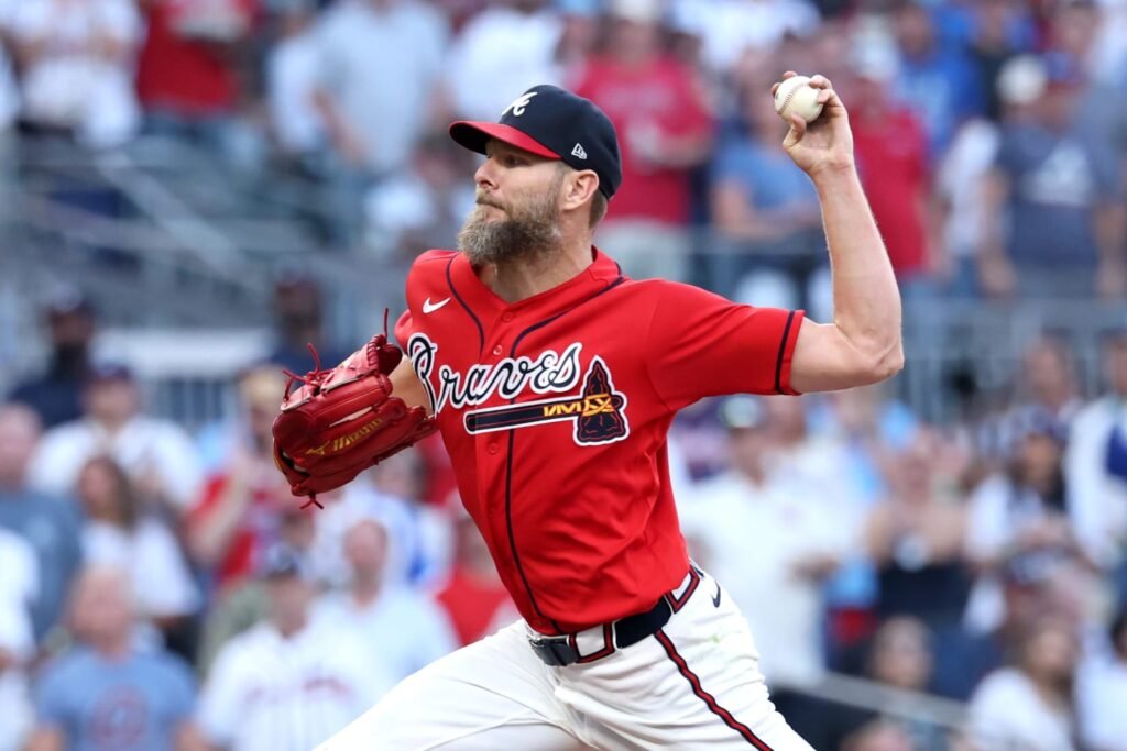 Chris Sale pitching against the Dodgers at Truist Park in NLDS Game 3