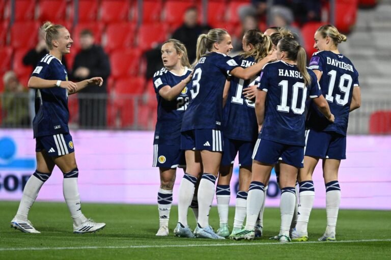 Scotland players celebrating a goal during their play-off victory in Czechia