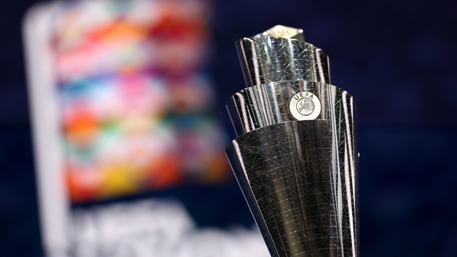 The UEFA Nations League trophy at the league phase draw.