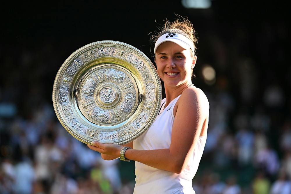 The Venus Rosewater Dish is held up during Wimbledon trophy-presentation coverage.