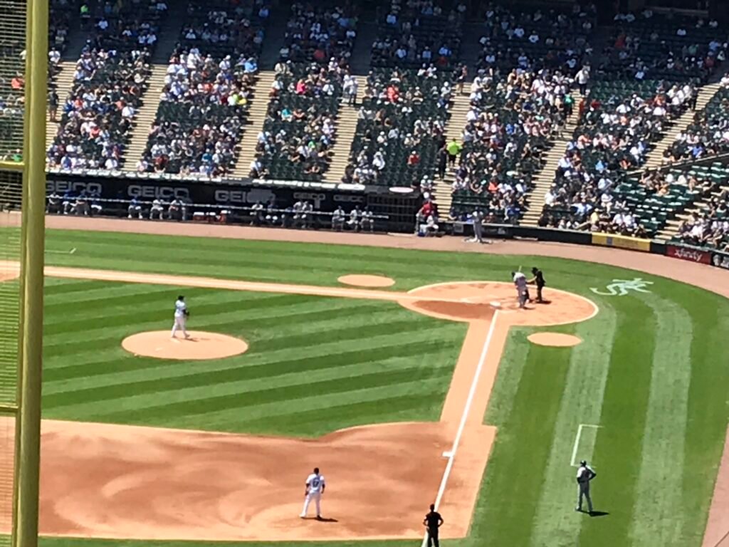 Baseball game viewed from the stands at the Chicago White Sox home ballpark.