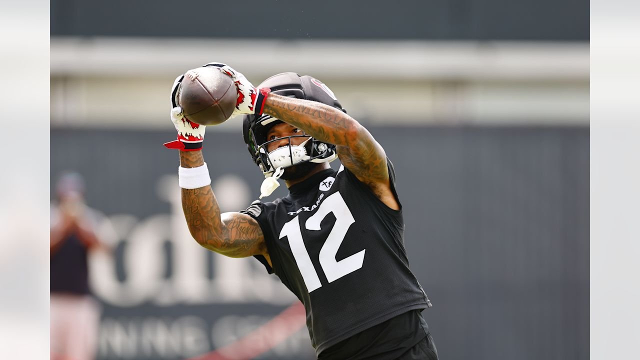 Nico Collins catches a pass during Texans practice in Houston on September 30, 2026.