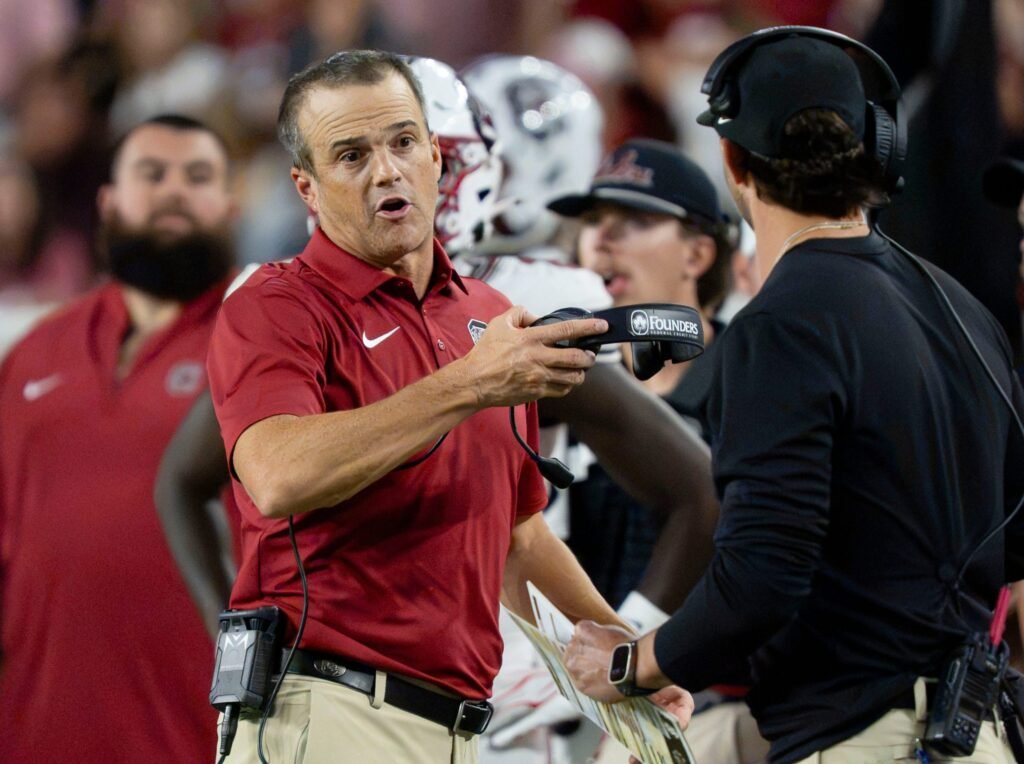 Shane Beamer coaches South Carolina against Alabama in Tuscaloosa on September 26, 2026.