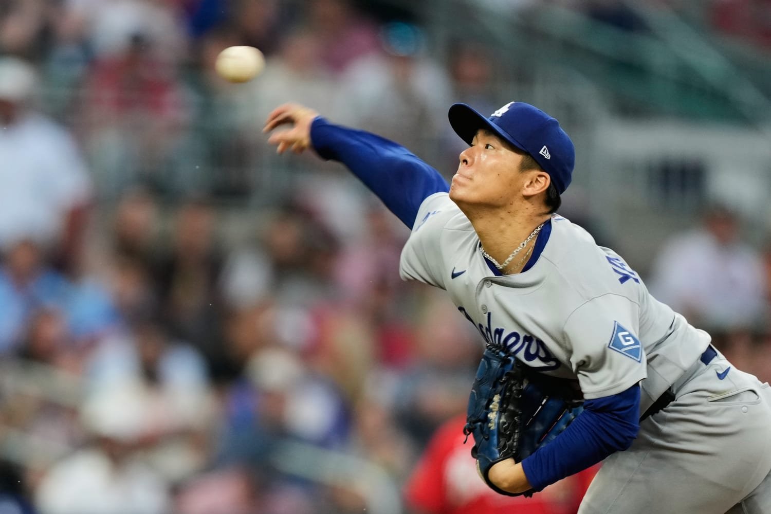 Yoshinobu Yamamoto pitches against Atlanta in NLDS Game 3 at Truist Park on October 6, 2026.