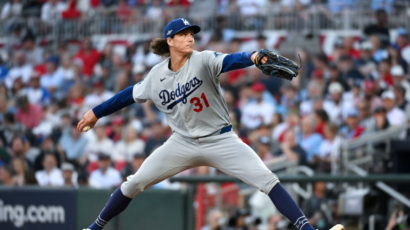 Tyler Glasnow pitching against Atlanta in NLDS Game 4 at Truist Park