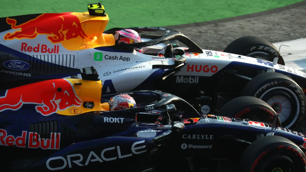 Max Verstappen’s Red Bull beside a Racing Bulls car in Mexico practice.