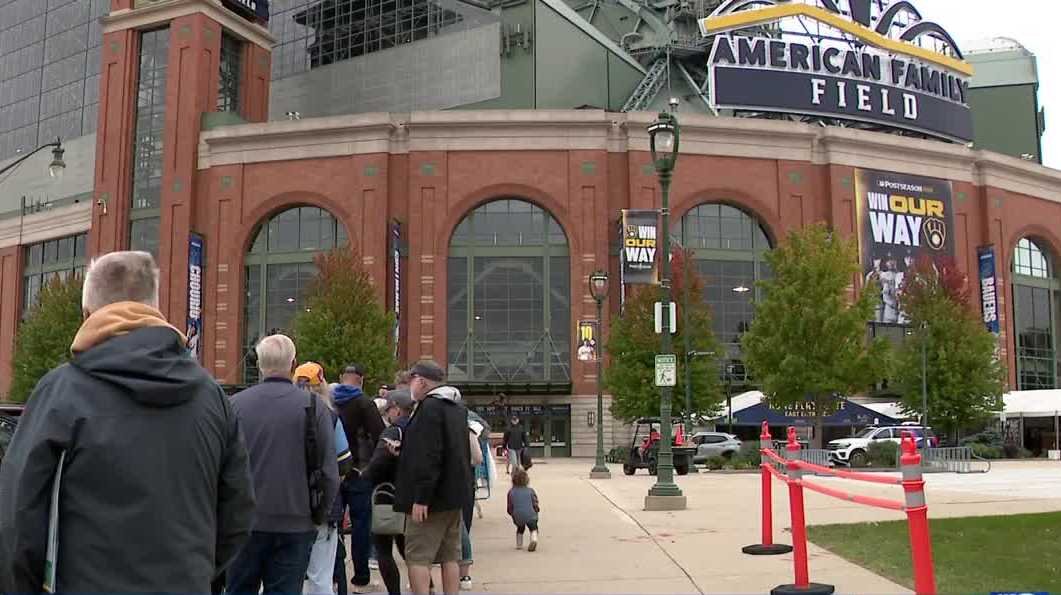 Fans queue outside American Family Field in WISN 12 News' October 2026 World Series ticket report.