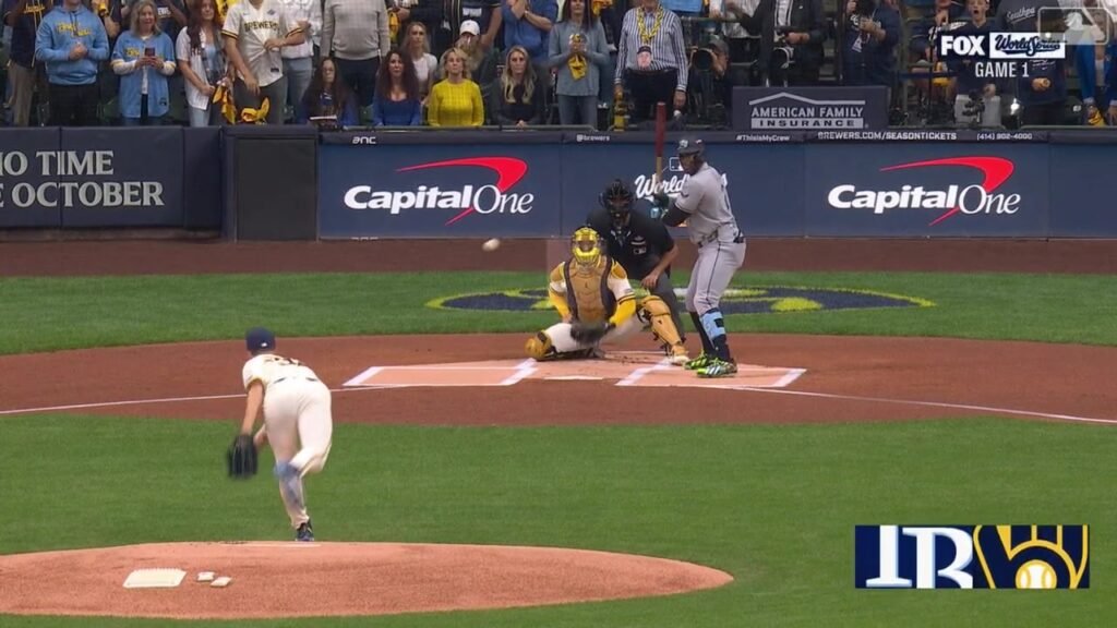 Jacob Misiorowski pitches to Yandy Díaz during World Series Game 1 against Tampa Bay in Milwaukee on October 23, 2026. FOX broadcast still.