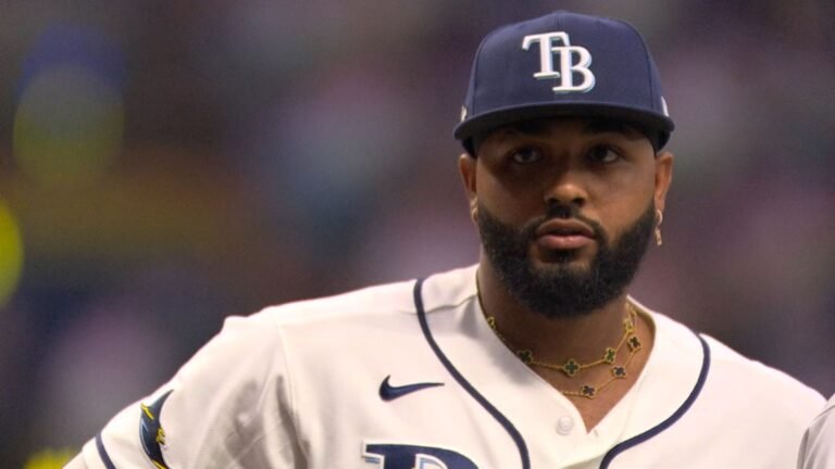 Yandy Díaz in MLB’s broadcast image for Yankees–Rays ALDS Game 1 at Tropicana Field on October 3, 2026.