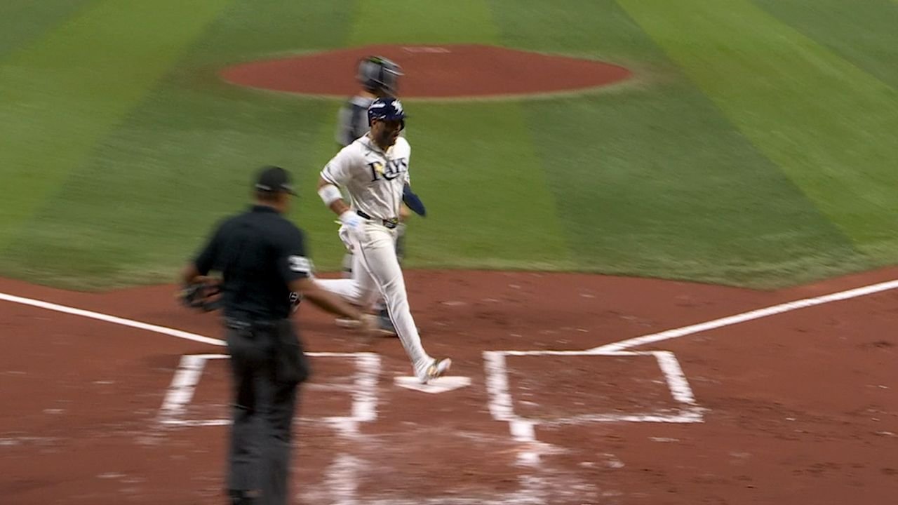 Yandy Díaz steps across home plate during Yankees-Rays ALDS Game 2 at Tropicana Field.