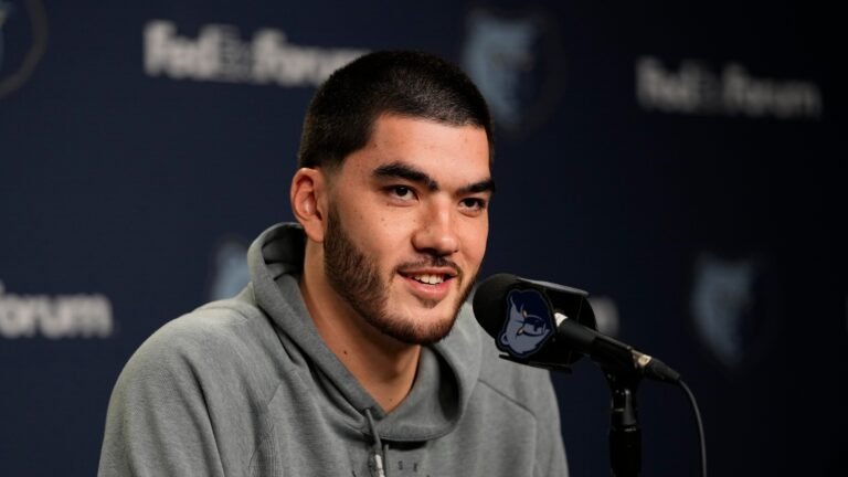 Zach Edey speaks during Memphis Grizzlies media day on September 28, 2026.